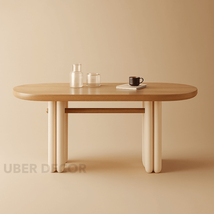 Alba Form Oval 6 Seater Dining Table Japandi Scandinavian Design Natural Oak Top Cream Cylindrical Legs Ideal for Dining Room - Uber Decor