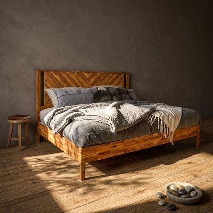 GrainMuse Wood Platform Bed – Chevron Headboard with Natural Character