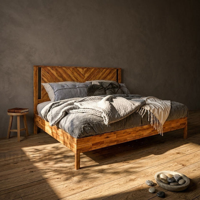 GrainMuse Wood Platform Bed – Chevron Headboard with Natural Character