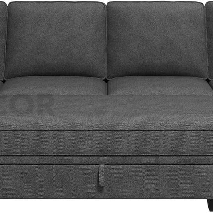 Capri Sleeper Sectional Sofa- 4 Seater Convertible Sofa Bed with Storage Seat for Living Room and Home Office, Dark Grey - Uber Decor