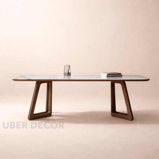 Havenridge Dining Table with Marble Top, Warm Contemporary Mid-Century Modern Design, Solid Wood Base, Elegant Dining Table for Dining Room & Living Spaces
