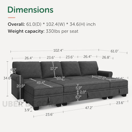 Capri Sleeper Sectional Sofa- 4 Seater Convertible Sofa Bed with Storage Seat for Living Room and Home Office, Dark Grey - Uber Decor