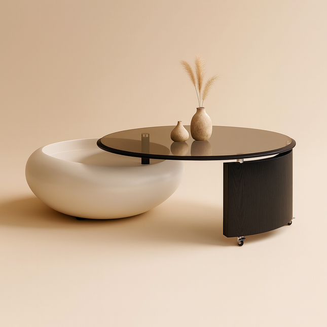 Cooper’s Creek Coffee Table Set, Modern Futuristic Glass and Glossy White Pod Center Tables for Living Room