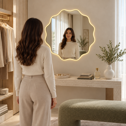 Marigold Wavy Frameless LED Wall Mirror with Front or Back Lit for Bathroom Vanity and Modern Interiors