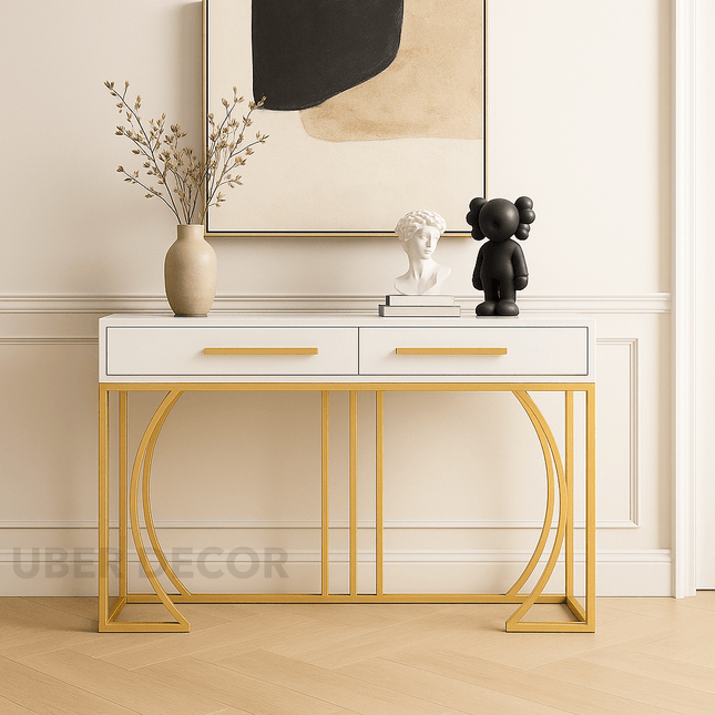 Creston Arc Display Table – White Drawer Top with Gold Sculptural Arch Base Mid‑Century Modern Accent