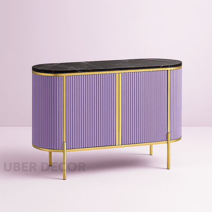 Odessa Entryway Table – Wood Cabinet with Gold Frame & Ribbed Doors Mid‑Century Modern Accent
