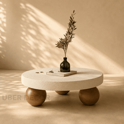 Salween Wabi-Sabi Mid-Century Japandi Round Coffee Table – Scandinavian Sculptural Sphere Legs Center Table for Living Room