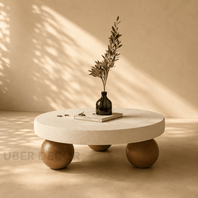 Salween Wabi-Sabi Mid-Century Japandi Round Coffee Table – Scandinavian Sculptural Sphere Legs Center Table for Living Room