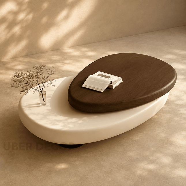 Songhua Wabi-Sabi Contemporary Japandi Coffee Table – Organic Two-Tone Sculptural Solid Wood Top for Living Room