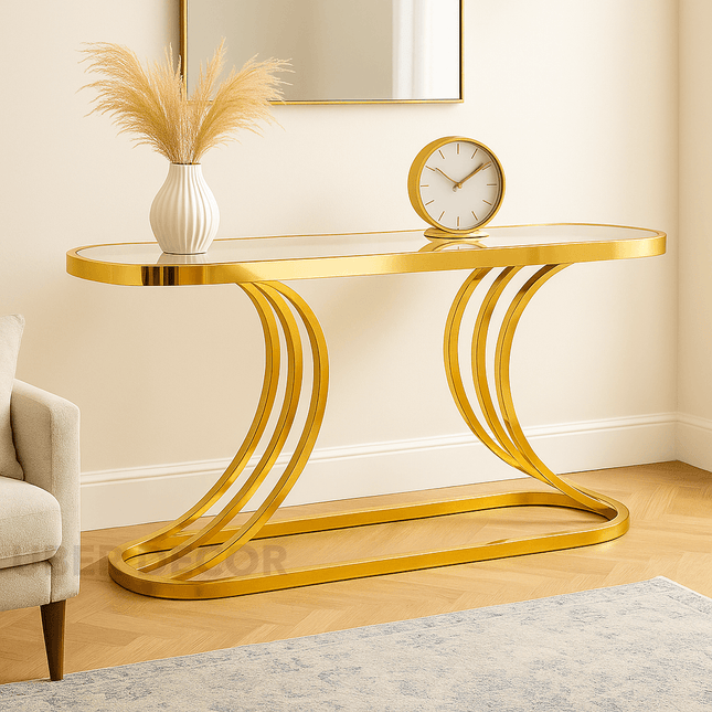 Arcadian Flow Modern Art Deco Display Table – Clear Tempered Glass Top with Curved Gold Base for Hallway or Living Room