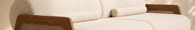 Catania Luxury Japandi Sofa with Cane Accent Armrests Customisable Minimalist Designer Couch for Boutique Interiors