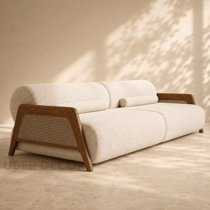 Catania Luxury Japandi Sofa with Cane Accent Armrests Customisable Minimalist Designer Couch for Boutique Interiors