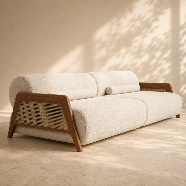 Catania Luxury Japandi Sofa with Cane Accent Armrests Customisable Minimalist Designer Couch for Boutique Interiors