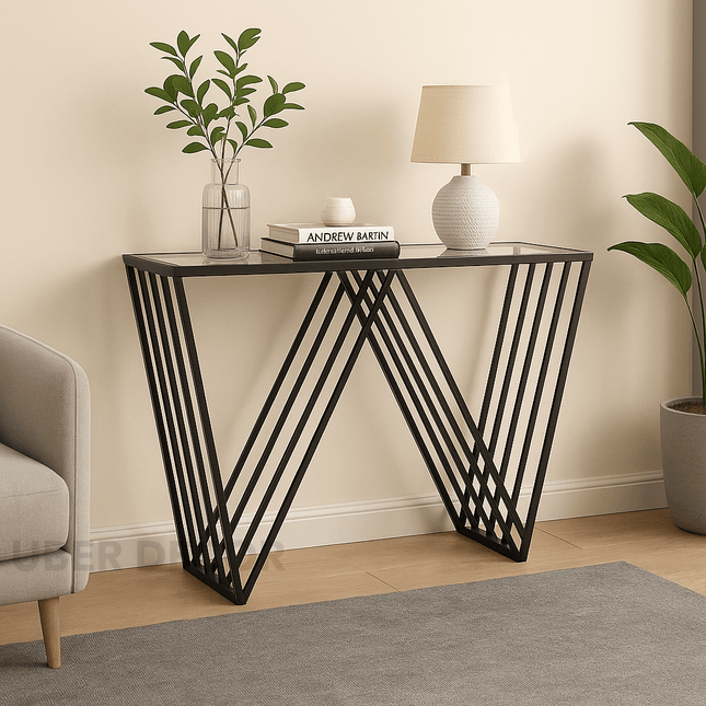 Veyron Edge Console Table – Glass Top with Sculptural W Metal Base Modern Entryway Accent