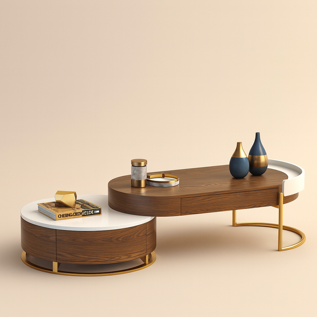 Churchill River Coffee Table with Storage, Modern European Wood and White Functional Center Table with Gold Accents for Living Room