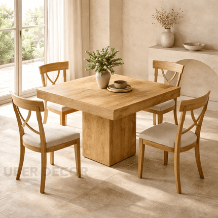 Liron Axis Solid Wood Dining Table in Natural Wood Finish with Central Pedestal Base and Square Top for Modern and Compact Interiors