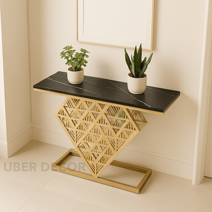 Zephyr Luxe Prism Console Table – Black Stone Top with Geometric Gold Metal Base Mid-Century For Modern Hallway & Entryway