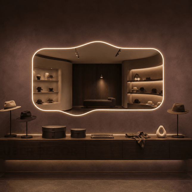 Calix Frameless Wavy LED Mirror with Front or Back Lit for Dressing Area and Modern Interiors