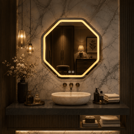 Savi Octagon Frameless LED Wall Mirror Available in Front or Back Lit for Bathroom Vanity and Modern Dressing Spaces
