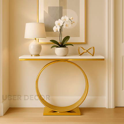 Celestial Halo Side Table – Custom Black or White Marble Top with Gold Circle Base Mid‑Century Glam Accent For Entryway & Hallway