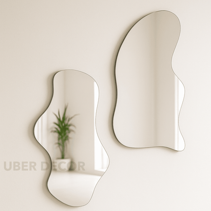 Wavy Elegance Set of 2 Frameless Asymmetric Mirrors- Unique Wavy Aesthetic Decorative Mirror for Living Room