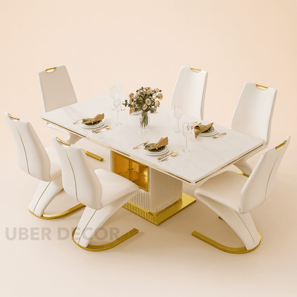 Golden Haven Modern Luxury Dining Set – White Stone Top & Gold Accents, 6 Seater