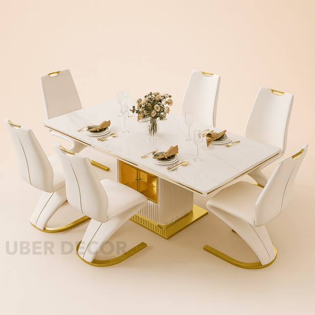 Golden Haven Modern Luxury Dining Set – White Stone Top & Gold Accents, 6 Seater