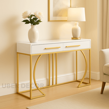 Creston Arc Display Table – White Drawer Top with Gold Sculptural Arch Base Mid‑Century Modern Accent