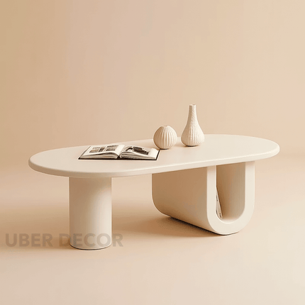 Jordan Shiro Japanese Minimalist Oval Coffee Table – White MDF Top with Solid Ash Wood Legs, Matte Finish – Integrated Storage Shelf – Ideal for Living Room and Bedroom