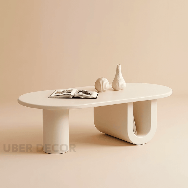 Jordan Shiro Japanese Minimalist Oval Coffee Table – White MDF Top with Solid Ash Wood Legs, Matte Finish – Integrated Storage Shelf – Ideal for Living Room and Bedroom