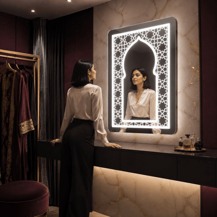 Zaria Jali Arch LED Mirror – Frameless Wall Hanging Mirror with Front or Back Lit for Vanity & Bathroom