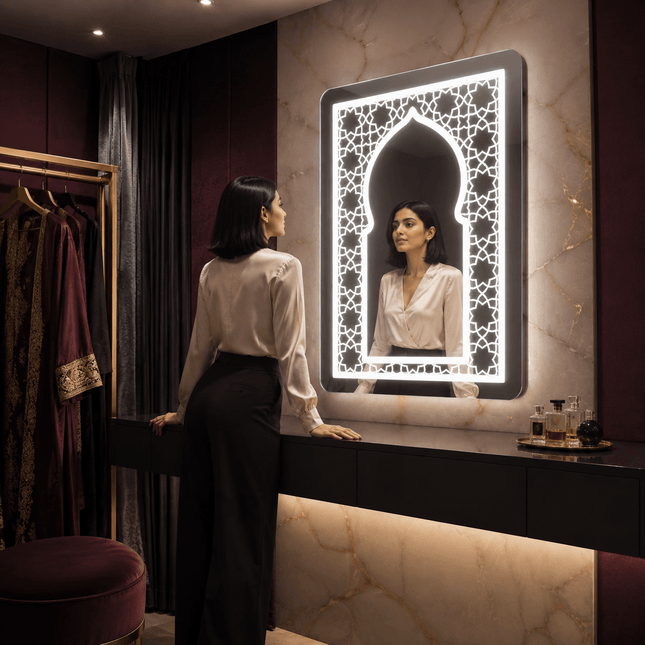 Zaria Jali Arch LED Mirror – Frameless Wall Hanging Mirror with Front or Back Lit for Vanity & Bathroom