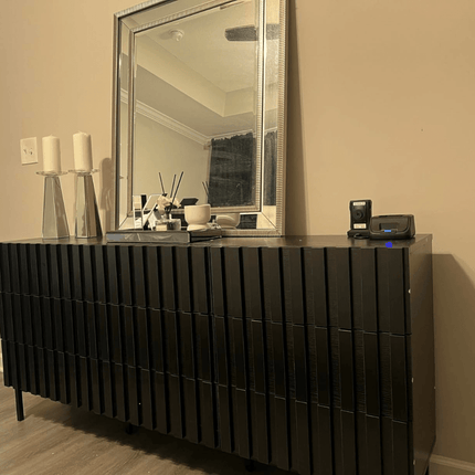 Raven Noir 9-Drawer Contemporary Japandi Black Oak Cabinet with Textured Front & Metal Legs for Living Room, Bedroom, Office & Entryway