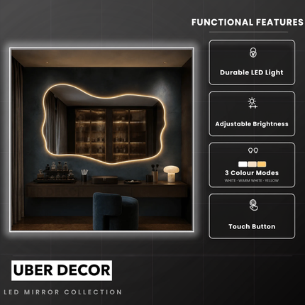 Elio Frameless LED Vanity Mirror with Wide Wavy Design Available in Front or Back Lit for Modern Interiors
