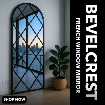 BevelCrest- Decorative French Country Window Grid Style Full Length Arched Wall Mirror for Living Room