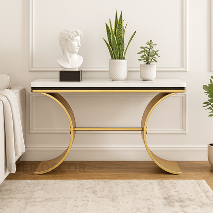 Celestique Curve Console Table – Custom Marble Top with Sculptural Crescent Base Mid‑Century Glam Entry Accent