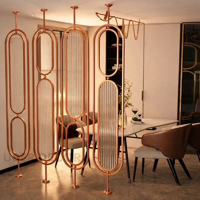 LIVO Stainless Steel Glass Column Room Divider With Vertical Framed Panels For Living Room Bedroom And Luxury Interior Spaces