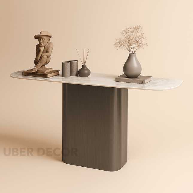 Aurion Grace Marble Console Table – Sculptural Mid Century European Inspired Metal Base Console for Hallway & Lounge Decor