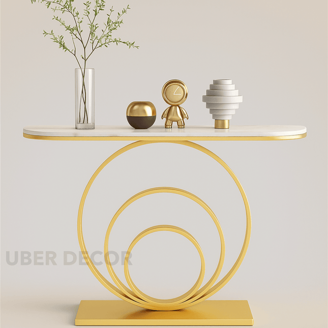 Aureya Orbit Console Table – Nordic Luxury Metal Console with Marble Top for Entryways & Living Spaces