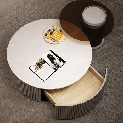 Tiber Oro Italian Luxury Round Coffee Table Tempered Glass Top High Gloss Finish Minimalist Centerpiece for Lounge and Living Suites