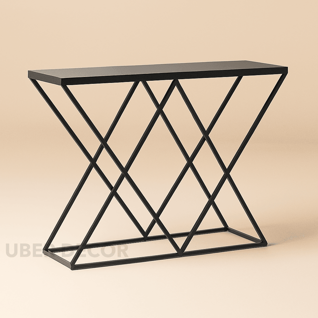 Nexa Noir Mid-Century Modern Display Table – Matte Black Frame with Geometric Crisscross Base for Hallway or Living Room
