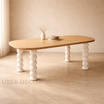 Nora Sphere Oval Dining Table Contemporary Scandinavian Design Natural Premium Wooden Top with White Ball Legs Ideal for Dining Room