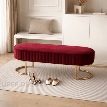 VelvetGleam Bedroom Bench - Upholstered Ottoman with Golden Legs - Extra-Long Footrest for End of Bed & Entryway