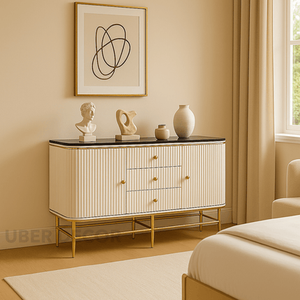 Celestia Pearl Harmony Console Table – Custom Marble Top with Fluted White Lacquer Cabinet and Gold Frame Mid‑Century Modern For Living Room, Bedroom & Entryway