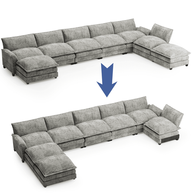 Manila 198" U-Shaped Sofa- 8 Seater Oversized Sectional Sofa with Reversible Toffee Chair & Movable Footrest - Uber Decor