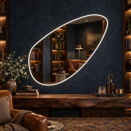 Angela Frameless Asymmetrical Irregular LED Wall Mirror – Front or Back Lit Vanity Mirror for Bathroom & Powder Room
