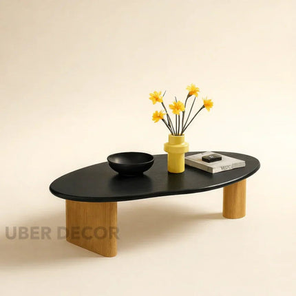 Tangon Mid Century Modern Japandi Coffee Table with Organic Freeform Wooden Top and Wooden Block Legs for Living Room
