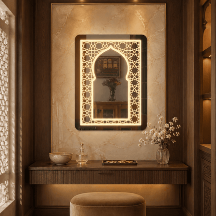 Zaria Jali Arch LED Mirror – Frameless Wall Hanging Mirror with Front or Back Lit for Vanity & Bathroom