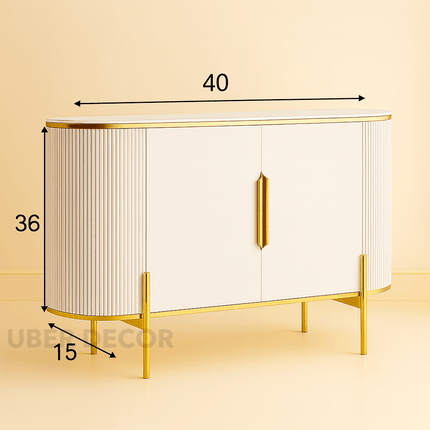 Aria Elegance Side or Console Table – Custom Black or White Marble Top with Fluted White Cabinet Mid‑Century Glam Accent
