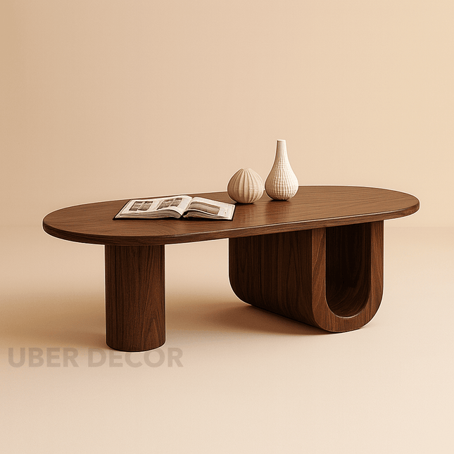 Jordan Shiro Japanese Minimalist Oval Coffee Table – White MDF Top with Solid Wood Legs, Matte Finish – Integrated Storage Shelf – Ideal for Living Room and Bedroom